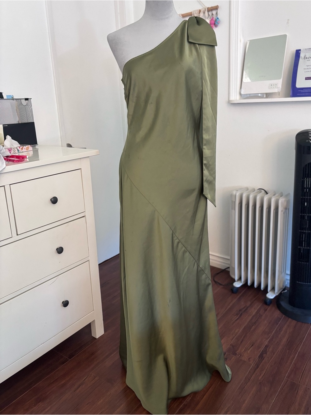 Club L London Olive One-Shoulder Satin Gown with Shoulder Bow